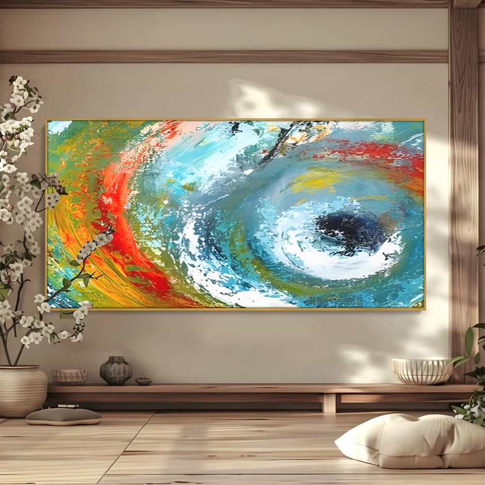 Tablou canvas cu pictura abstracta cu vartej de culori, in rama de aluminiu auriu